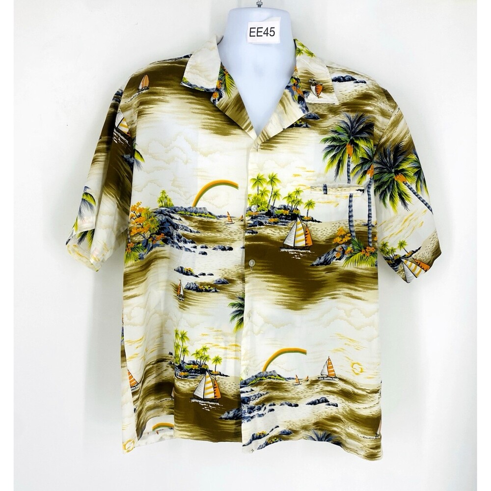 Vintage Hawaiian Shirt Rai Nani Aloha Made in Hawaii USA Boats & Rainbow Pocket